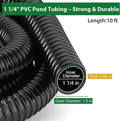 1 1/4 Inch Pond Tubing – 10ft Flexible PVC Corrugated Pond Hose with 2 Stainless Steel Hose Clamps, Kink-Proof Black Pump Tubing for Garden Ponds, Waterfalls, Filters & Drainage
