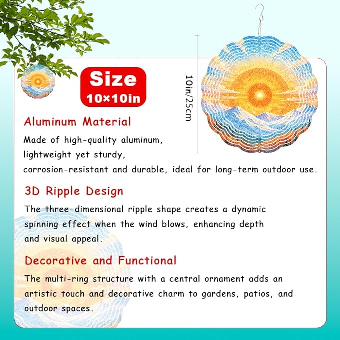 10x10 Sunrise Mountain Forest Spinning Wind Chime Pointillist Sun Snow Peak Crystal Chimes Outdoor Garden Wind Spinner Mother's Day Housewarming Gift