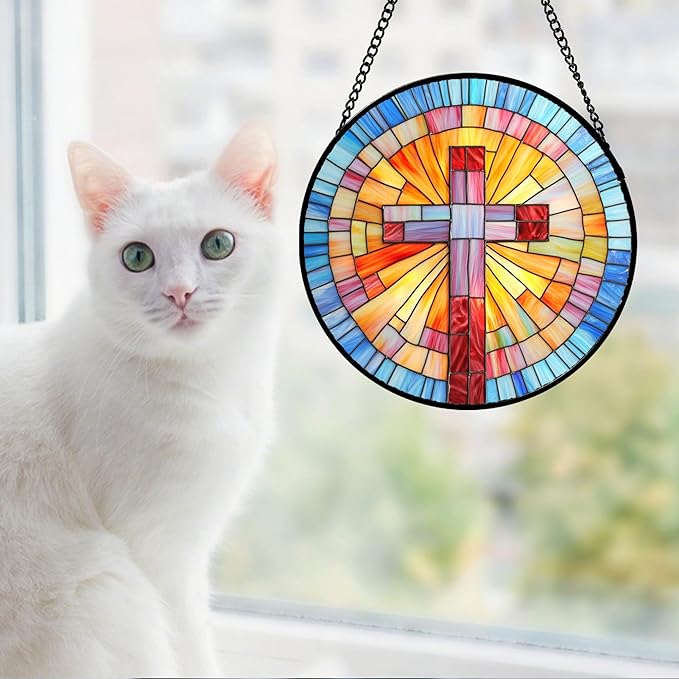 DASTOLL Christian Gifts for Women - Cross Stained Glass Window Hanging Easter Colorful Gradient Sun Catcher Garden Religion Decor Mother's Day Catholic Gift for Men Grandma Mom Nana Her 15"
