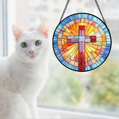 DASTOLL Christian Gifts for Women - Cross Stained Glass Window Hanging Easter Colorful Gradient Sun Catcher Garden Religion Decor Mother's Day Catholic Gift for Men Grandma Mom Nana Her 7.8"