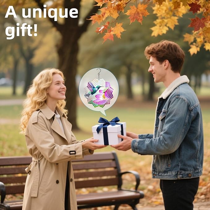8 Inch Sublimation Wind Spinner, 3D Aluminum Metal Wind Spinner with Hook, Indoor Yard Garden Hanging Decoration, Weather Resistant Rotating Spiral Ornament, Hummingbird and Lotus