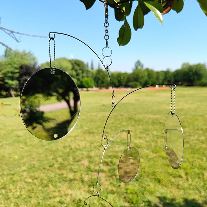 DIY Hanging Mirror Outdoor Mobile, Reflective Garden Decor, Wind-Chime Style Bird Deflector (FL-YKL-6CIRCLE)