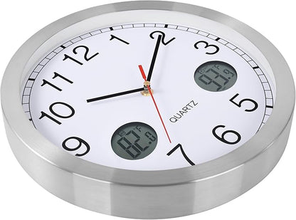 jomparis Outdoor Clock with Outdoor and Indoor Thermometer Combo,12 Inch Metal Frame Outdoor Wall Clock for Patio Pool (Silver)