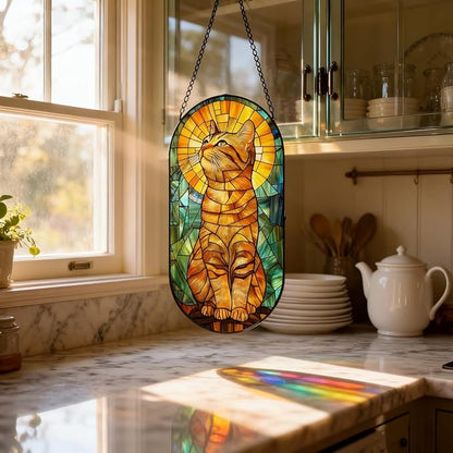 Stained Glass Window Hanging, Curious Orange Tabby Suncatcher for Window Door Wall Kitchen Office Garden Porch Decoration, Gifts for Women, Men, Mom, Father, Mother's Day Birthday