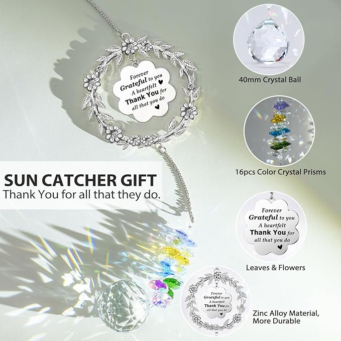 Thank You Gifts for Women, Sun Catcher Gift with Engraved Thank You Message, Hanging Crystal Suncatcher Ornament for Window Rainbow Maker, Appreciation Gift, Gratitude Gifts for Friend Family Teacher