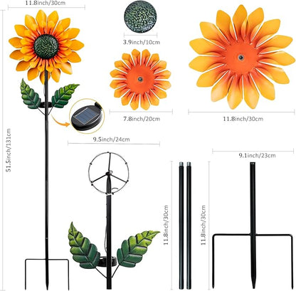 Sunflower Solar Wind Spinners for Yard and Garden - 52" Metal Windmill Ligths with LED Wind Sculptures with Stake for Lawn Patio Decor