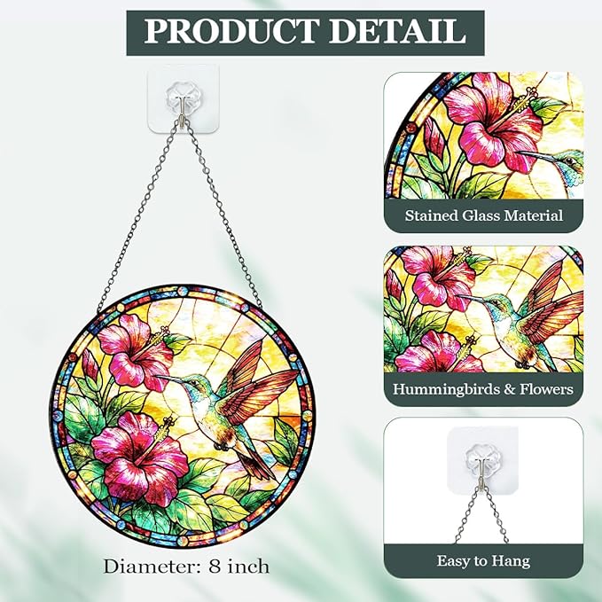 Hummingbird Stained Glass Window Hanging – Round Floral Suncatcher with Chain, Colorful Glass Ornament for Living Room Home Garden Decor Gift, 8 Inch