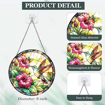 Hummingbird Stained Glass Window Hanging – Round Floral Suncatcher with Chain, Colorful Glass Ornament for Living Room Home Garden Decor Gift, 8 Inch