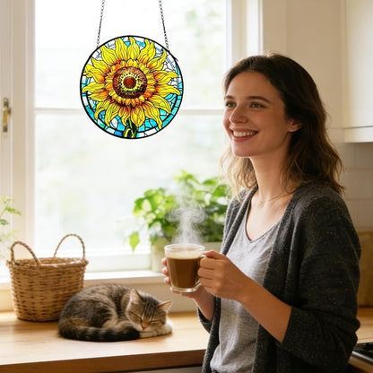 Sunflower Decor Suncatcher Stained Glass Window Hanging 7.87” Handmade Garden Suncatchers for Windows Hanging - Sun Catchers Wall Art Glass Panel Gifts for Mother's Day Christmas Birthday ﻿