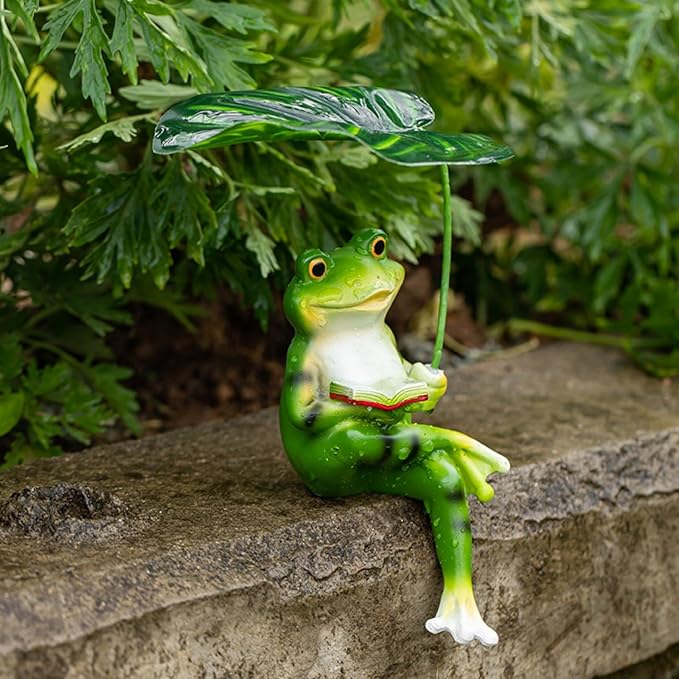 OwMell Frog Statue for Garden, Green Frog Figurine for Outdoor Decor Yard and Garden Decoration Resin Sculpture 6 Inches - Book & Leaf