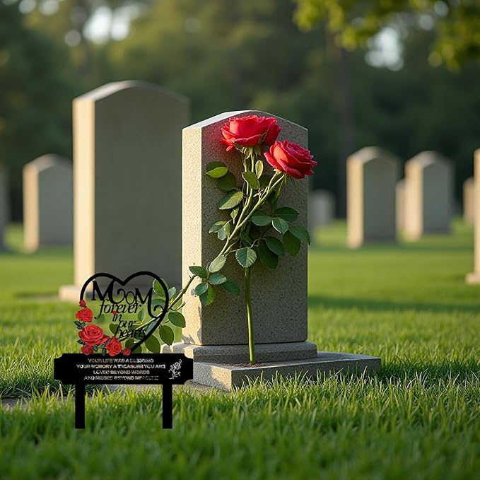 AIM & GGKK Metal Memorial Grave Marker for Mom - Heart Shaped Cemetery Decoration with Roses, Forever in Our Hearts Verse - 12.2" Tall Garden Stake for Gravesite