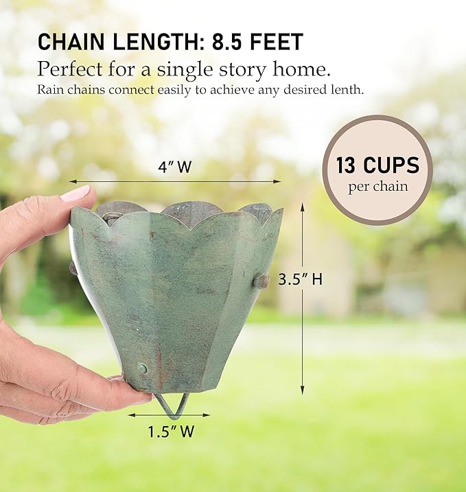 Good Directions 463V1-8 Tulip Rain Chain 8-1/2 Feet Long, 13 Extra Large Cups, 100% Blue Verde Pure Copper