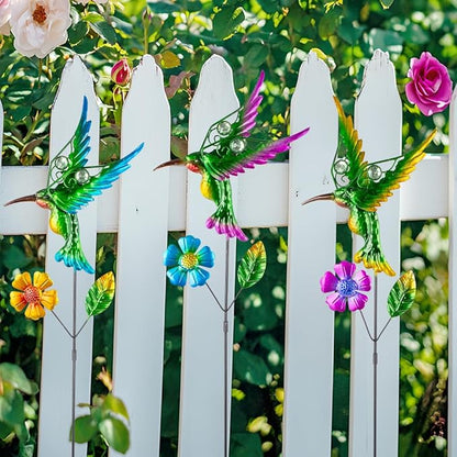 3 Pcs Hummingbird Decorative Garden Stakes with Metal Flower Set Spring Outdoor Decor,Metal Yard Art Stakes for Outside Garden Porch Lawn Plant Pot Flower Bed