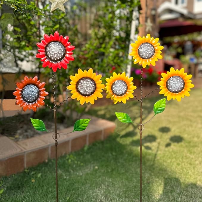 2 Pack Metal Sunflowers Decorative Garden Stakes, 29.5 Inch Outdoor Garden Decor Shaking Head Yard Stakes, Metal Flowers Outdoor Courtyard Art Lawn Terrace Decoration