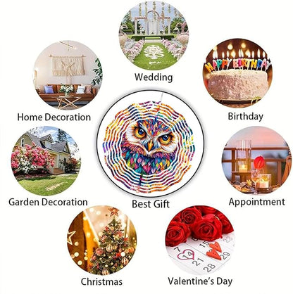 10 Inch 3D Owl Wind Spinner, Laser Cut Metal Hanger Kinetic Wind Rustproof Sculpture for Garden Yard Art Lawn Balcony Window Porch Outdoor Indoor Decor