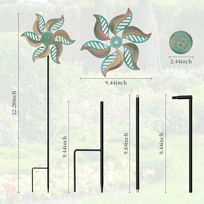 2 Pack Wind Spinner Outdoor Metal Vintage Green,Garden Pinwheels Waterproof Wind Sculptures, Small Windmills for Yard Lawn Outdoor Patio Lawn Garden Decor