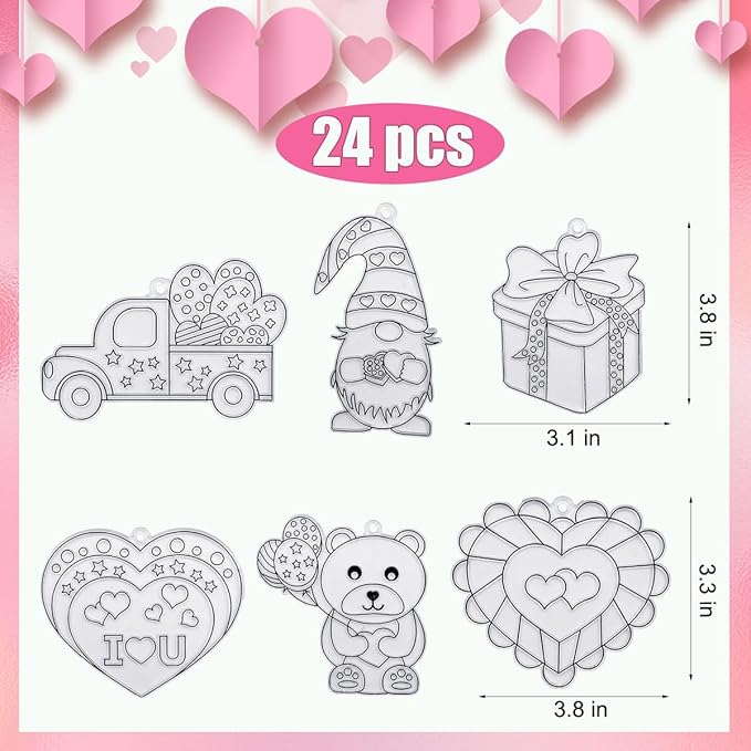 AUEKIV Valentines Suncatcher Crafts Kit 24sets Heart DIY Window Paint Art Suncatchers,Bear Sun Catchers for Valentine's Day Mother's Day Gift Exchange Classroom Art Project Party Favors