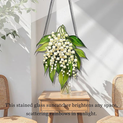 Suncatchers for Windows Hanging Lily of The Valley Stained Glass Suncatcher Flower Garden Decor Living Room Wall Decor for Grandma, 6 Inch