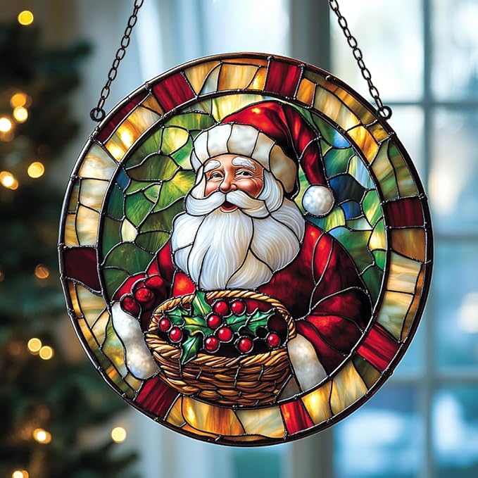 Santa Claus Acrylic Suncatcher Stained Glass Effect Window Car Hanging Christmas Ornament Indoor Outdoor Decor Garden Sun Catcher Panel for Christmas Lover for Women Mom Grandma