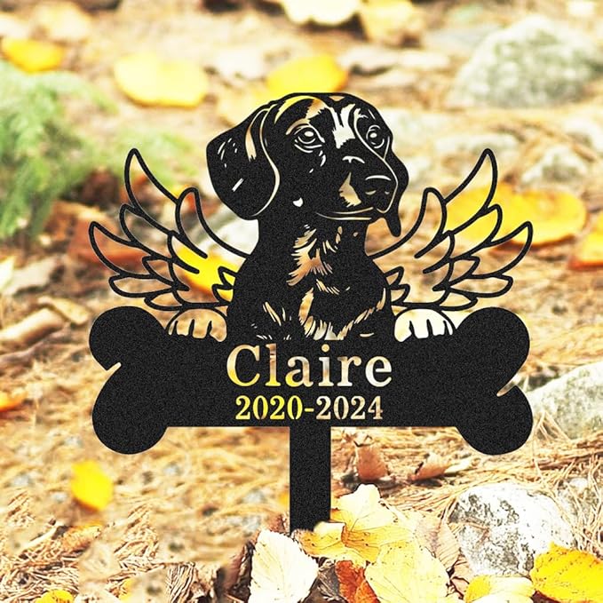 Custom Dachshund Memorial Grave Marker, Personalized Dachshund Dog Memorial Sign Bone Stake, Weatherproof Metal Wings Memorial Plaque Dog Loss Gift Pet Sympathy Gift, Lawn & Yard & Cemetery