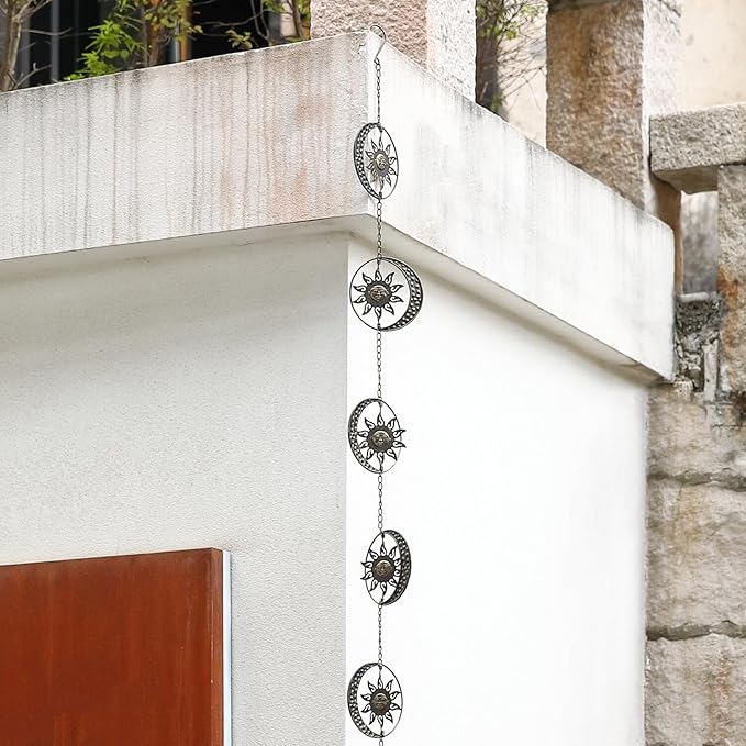 Decorative Sun and Moon Rain Chain, 8.5Ft Metal Rain Chimes for Gutters, Vintage Rotational Sun Rain Chain Downspouts, Functional Replacement Gutter Chains for Outside, Garden Rain Catcher Chain