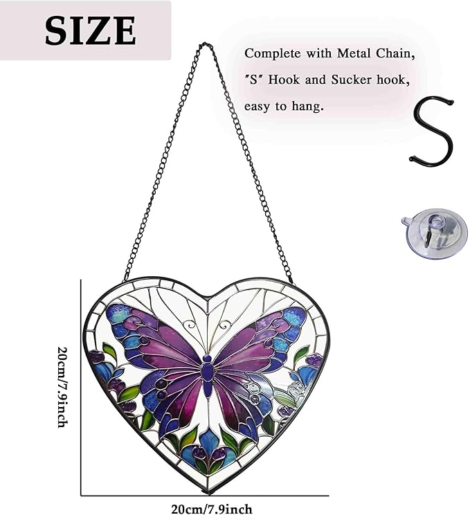 Butterfly Stained Glass Window Hanging, Blue-Purple Butterfly Suncatcher Window Wall Garden Decor with Chain, Heart Suncatchers Gift for Women, Mom, Wife, Aunt, 7.9 in