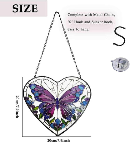 Butterfly Stained Glass Window Hanging, Blue-Purple Butterfly Suncatcher Window Wall Garden Decor with Chain, Heart Suncatchers Gift for Women, Mom, Wife, Aunt, 7.9 in
