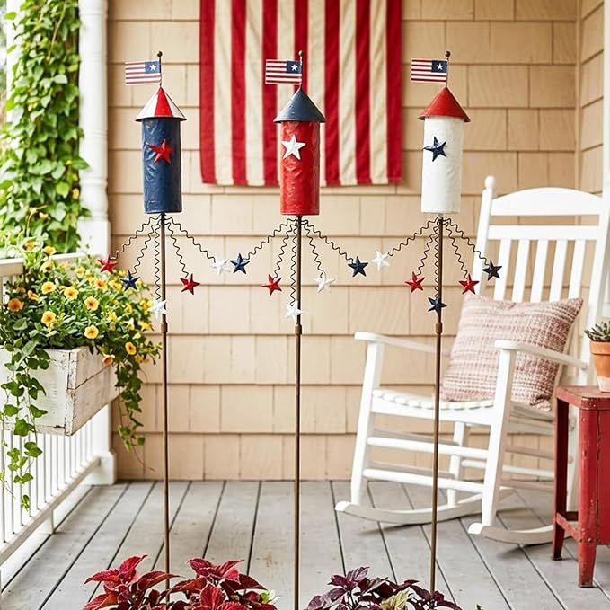 3 Pack Patriotic 4th of July Decorations Outdoor,23.6” Metal Americana Firework Decorative Garden Stakes for Independence Day Garden Decor, 3D Red White Blue Yard Signs for Lawn Porch