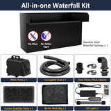 AquaMiracle Pond Waterfall Kit with LED Lights, All-in-1 Stainless Steel Spillway with 660GPH Water Pump, Outdoor Waterfall Fountain for Garden, Backyard & Pool Decor (8inch)