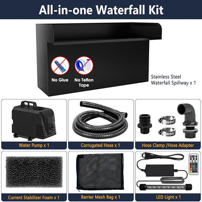 AquaMiracle Pond Waterfall Kit with LED Lights, All-in-1 Stainless Steel Spillway with 660GPH Water Pump, Outdoor Waterfall Fountain for Garden, Backyard & Pool Decor (8inch)
