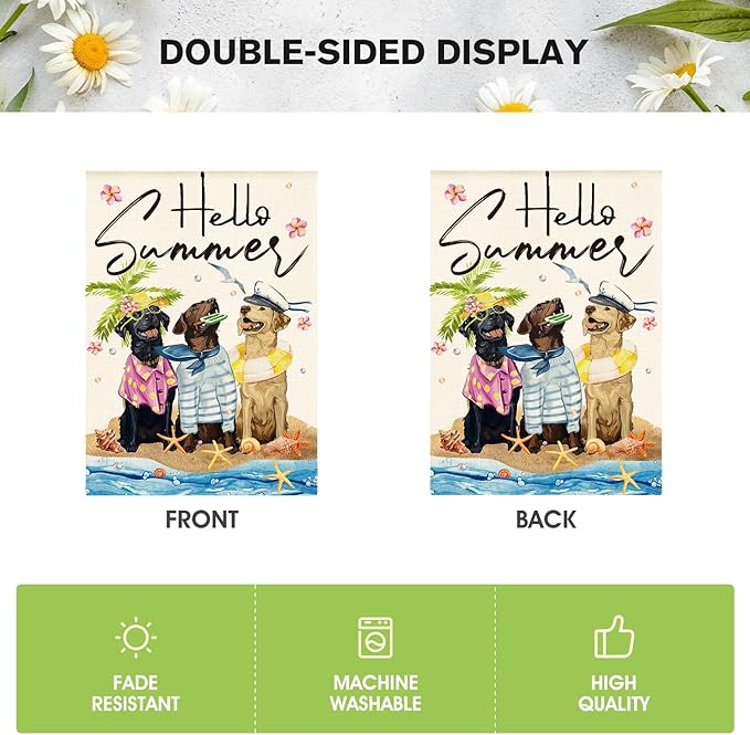 AVOIN colorlife Hello Summer Sea Beach Dogs House Flag 28x40 Inch Double Sided Outside, Floral Starfish Seasonal Holiday Yard Outdoor Decoration