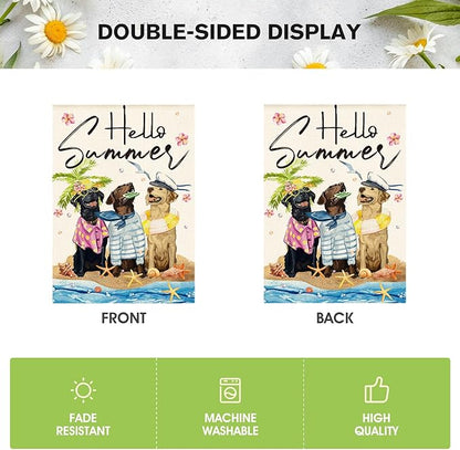 AVOIN colorlife Hello Summer Sea Beach Dogs House Flag 28x40 Inch Double Sided Outside, Floral Starfish Seasonal Holiday Yard Outdoor Decoration