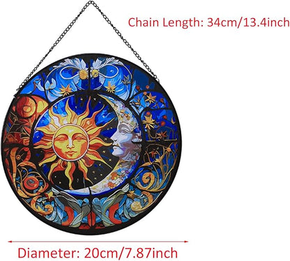 Hanging Stained Glass for Windows,20cm/7.87inch Sun and Moon Hand-Painted Sun Catcher Garden Hangings Christmas Mother's Day, Valentine's Day Ornaments Festival Gift