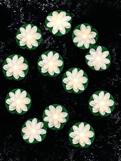 Hortsun 12 Pcs Floating Lotus Lights with Batteries Lily Pads Pool Flowers Floating Candles Decor Artificial Pond Plants Decorations for Pool Pond Outdoor Indoor (White,3.94 Inch)