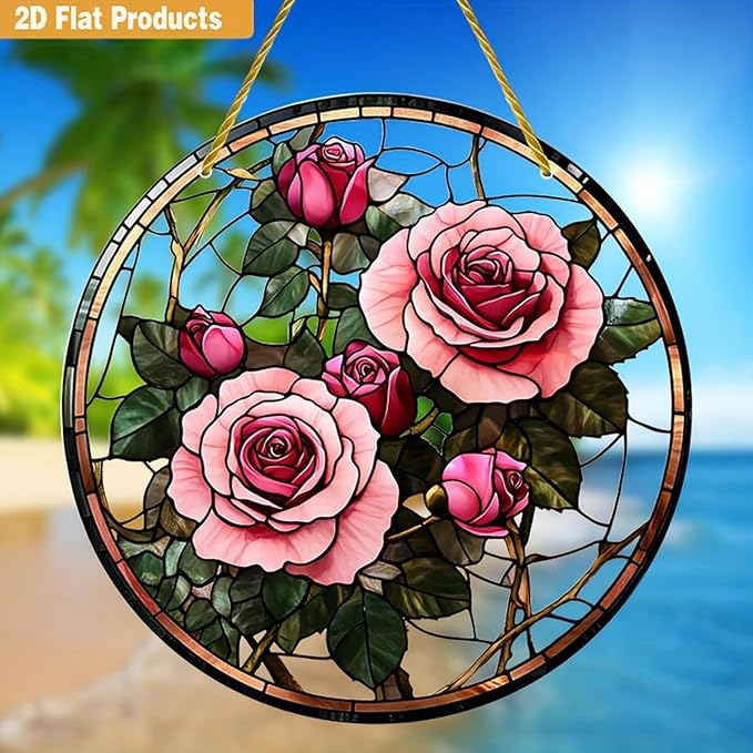 Valentine's Day SunCatcher Ornament for Stained Glass Window Hanging Pink Rose Romantic Valentine's Window Suncatchers Round Garden Ornaments Decor for Wife Women Girlfriend Gift