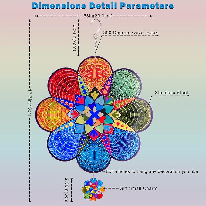 Wind Spinners,12 inch Multi Color Mandala with 360° Swivel Hook for Yard and Garden, Bird Wind Catcher, Metal Wind Spinners Outdoor for Lawn Hanging Crafts Decor Kinetic Yard Art Ornament Gifts