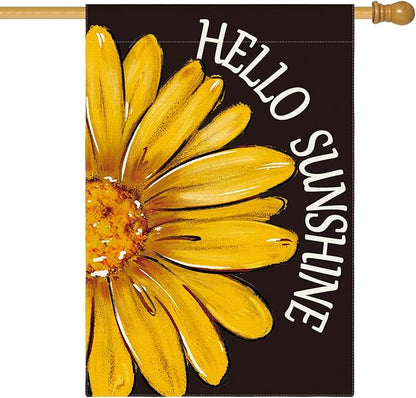 AVOIN colorlife Hello Sunshine House Flag 28x40 Inch Double Sided Outside, Summer Spring Floral Yellow Daisy Yard Outdoor Flag Black