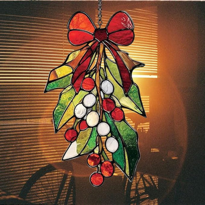 Mosaic Christmas Mistletoe Knot Acrylic Suncatcher Stained Glass Effect Window Car Hanging Christmas Ornament Indoor Outdoor Decor Garden Sun Catcher Panel for Women Mom Grandma