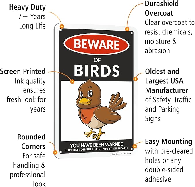 SmartSign Funny Beware Of Birds Warning Sign - 10"x7", 40 mil Laminated Rust-free Aluminum - Metal Signs for Wall Decor, Outdoors, Garden, Patio, Gifts, Cafe - Birds Theme, Made in USA