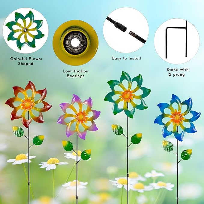 4 Pack Wind Spinners Outdoor, Colorful Metal Flower Windmill, Small Pinwheels Decorative Garden Stakes for Yard Patio Lawn Garden Decor, 27 x 7 Inches
