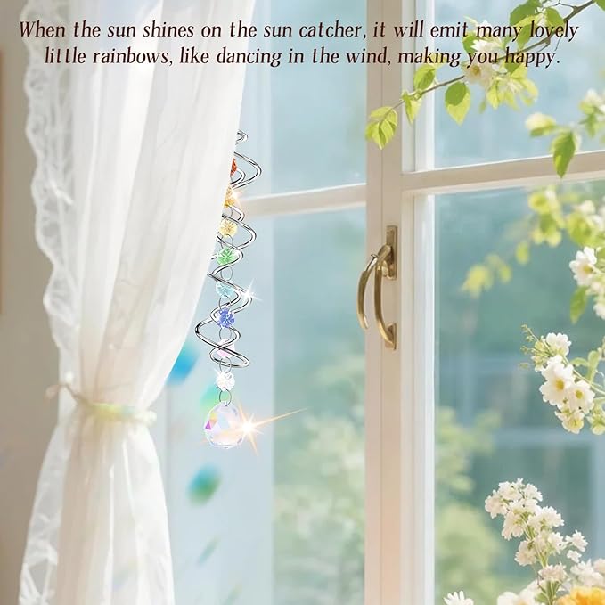 2 Pack Crystal Sun Catcher,Colored Suncatcher for Window Hanging Double Spiral Design,Wind Spinner Gazing Prism Ball Spiral Tail,Rainbow Maker for Yard Garden Indoor Home Outdoor Decor Party Gifts