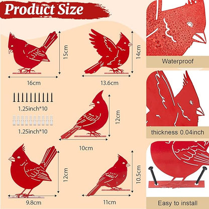 Leinuosen 5 Pcs Red Cardinal Birds Silhouettes Decoration, Garden Spring Decor Outdoor, Metal Bird Craft Statue Set, Yard Art Ornaments for Garden Patio, Cardinal Silhouette, Housewarming Gift