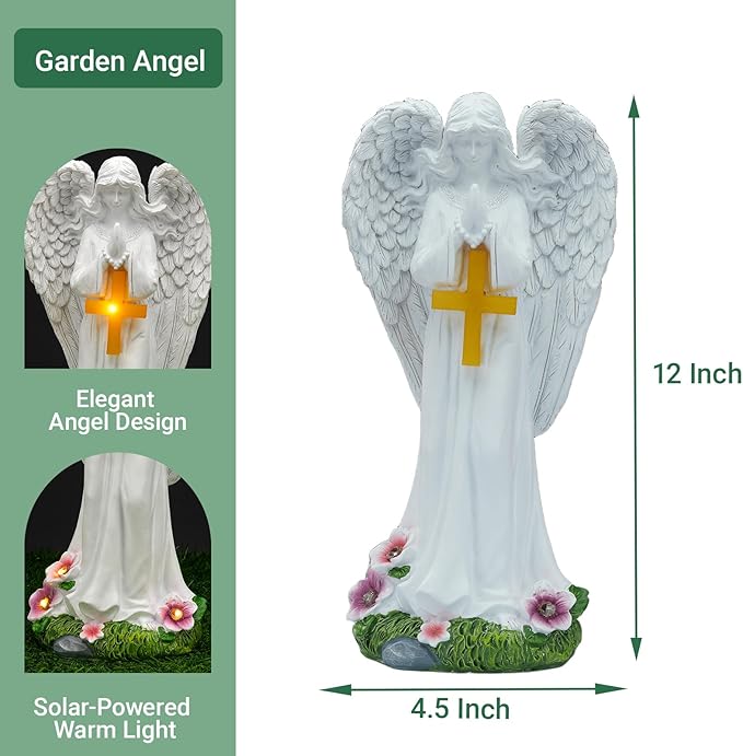 Solar Angels for Outside Garden, Angel Statue with Cross for Yard Lawn Patio Balcony, Chrisstmas, Memorial Gifts for Mom, Grandma, Women, 12 Inch,Resin