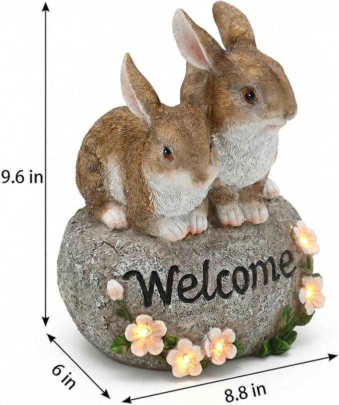 Solar Rabbit Garden Decor Outdoor Bunny Statue Welcome Sign Cute Resin Bunny Figurines for Yard Lawn Ornament Patio Porch Backyard Waterproof Decorative Gift for Women Bunny Lovers
