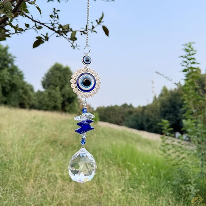 Crystal Suncatcher for Windows - Hanging Prism Sun Catchers with Crystal Balls&Blue Eye, Rainbow Maker for Home、 Garden、Car Decor (Round Eyes)