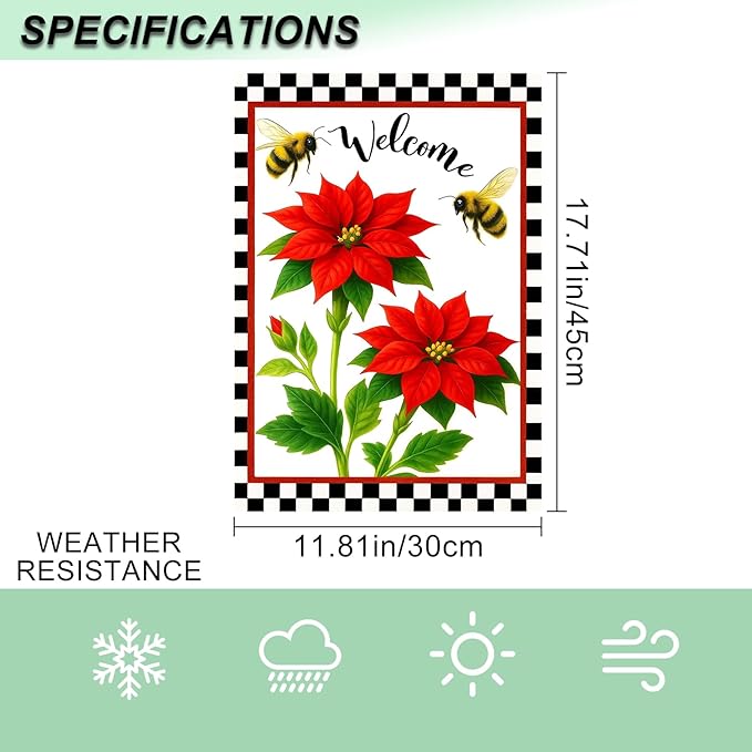 IVN Floral Welcome Garden Flag 12x18 Inch Double Sided Yard Flag Double Sided Bee Red Flowers Decorative Small Flags for Outside Seasonal Farmhouse Yard Outdoor Decoration Flags