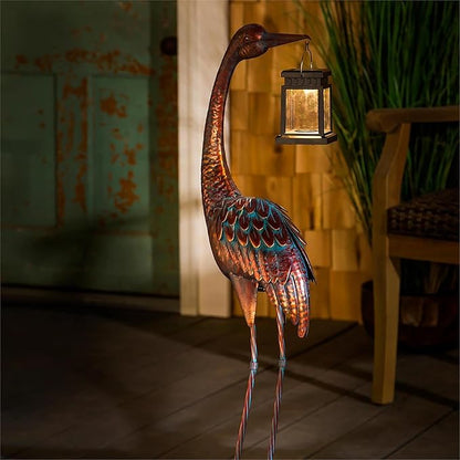 Evergreen Garden Beautiful Metal Crane with Solar Lantern Garden Statue - 4 x 4 x 34 Inches Homegoods and Decorations for Every Space