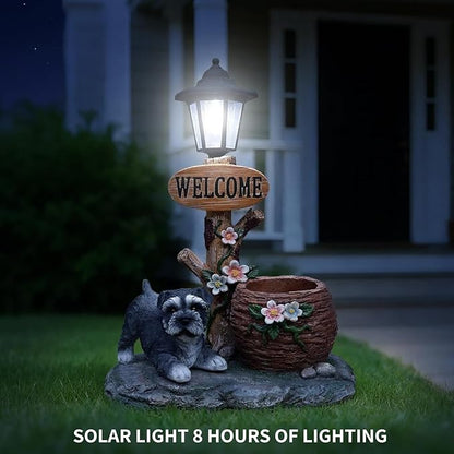 Solar Light Animal Outdoor Statue Planter with Welcome Sign, Resin Garden Sculpture Flower Pot for Patio Lawn Porch Yard Courtyard Decor, Weather-Resistant Decorative Figurine Accent (A)