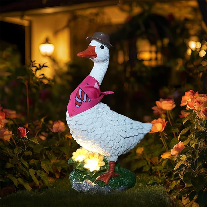 HONGLAND Solar Porch Goose Garden Statue with Glowing Flower, 10" Solar Duck Decorative Figurine for Outdoor Lawn Patio Yard Backyard Porch Ornaments - Unique Gift for Women