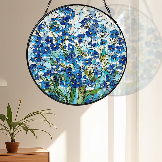 Stained Glass Window Hanging, Forget Me Not Flower Stained Glass Suncatcher, Window Decor Forget Me Not Plant Lover Gift for Women, Couples, Best Friend, Family, Colleague, Classmate 7.8 Inch